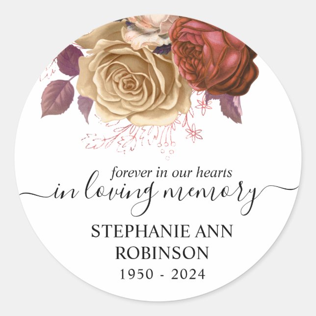 Simple Floral Memorial Funeral Classic Round Sticker (Front)