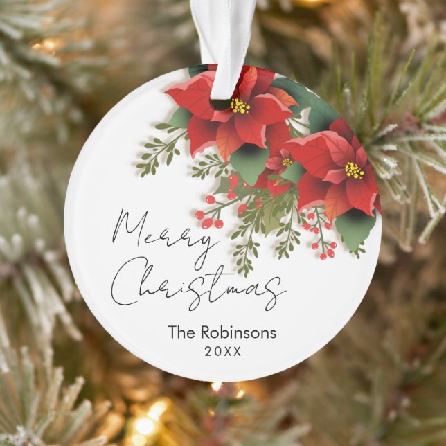 Simple Floral Merry Christmas Holiday Poinsettia  Ornament (Tree)