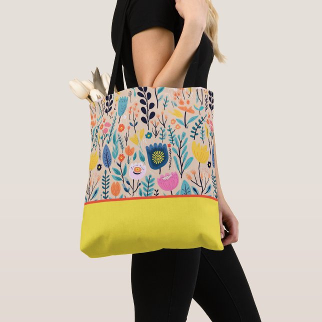 Simple Floral Modern Folk Art, Colour Block Tote Bag (Close Up)