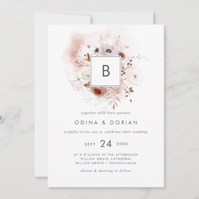 Simple Floral Monogram Wedding Invitation (Front)