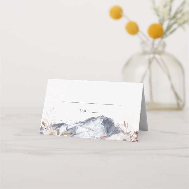 Simple Floral Mountain Folded Wedding Place Card (Front)