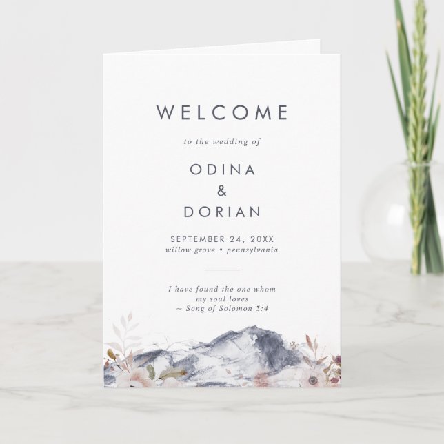 Simple Floral Mountain Folded Wedding Program (Front)