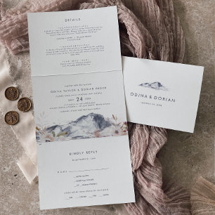 Simple Floral Mountain Photo Wedding All In One Tri-Fold Invitation
