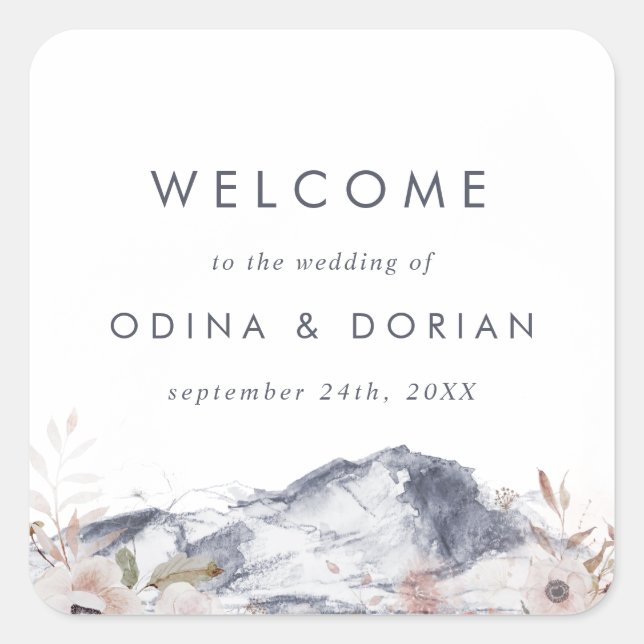 Simple Floral Mountain Wedding Welcome Square Sticker (Front)