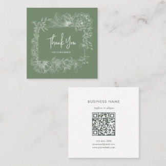 Simple Floral Natural Leaf Green QR Code Thank You Square Business Card