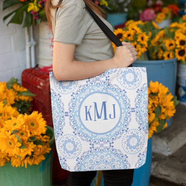 Simple Floral Navy Blue Monogram Mandala Pattern Tote Bag (Creator Uploaded)