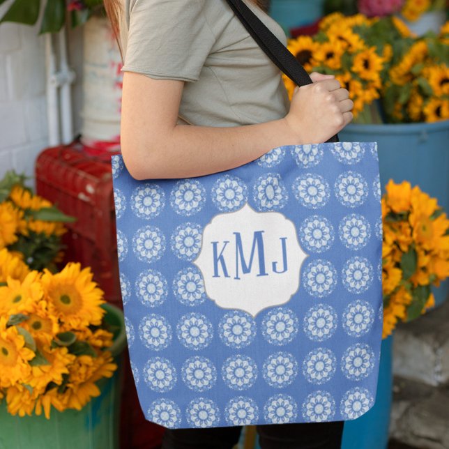 Simple Floral Navy Blue Monogram Mandala Pattern Tote Bag (Creator Uploaded)