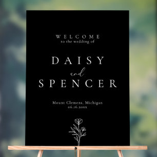 Simple Floral Outline Wedding Welcome Black Acrylic Sign
