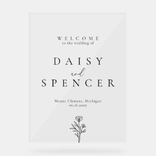 Simple Floral Outline Wedding Welcome Clear Acrylic Sign