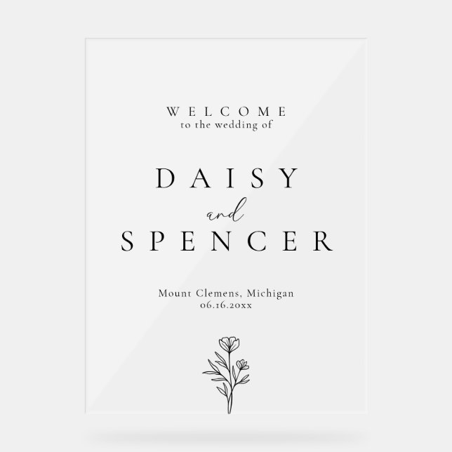 Simple Floral Outline Wedding Welcome Frosted Acrylic Sign (Front)