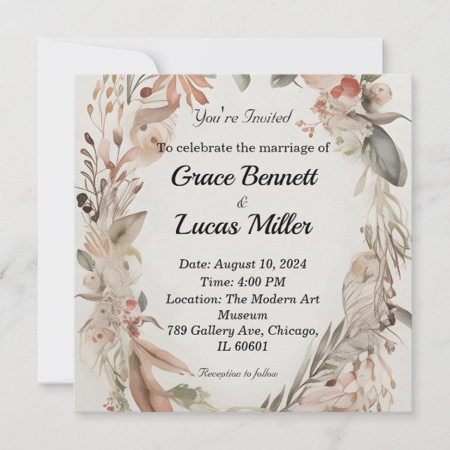 Simple floral painted soft wedding invitation (Front)