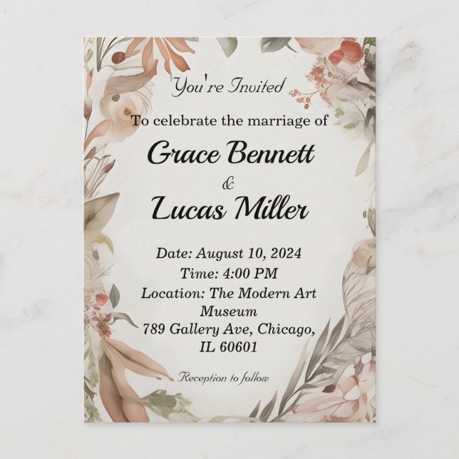 Simple floral painted soft wedding invitation postcard (Front)