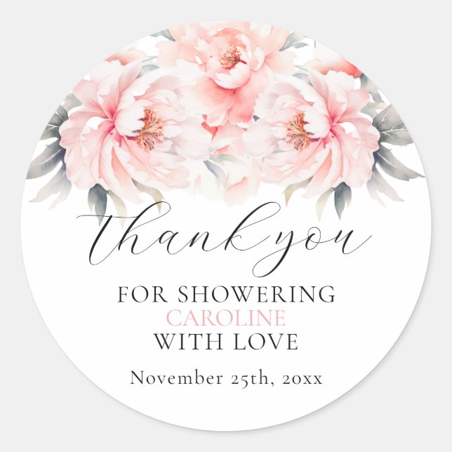 Simple Floral Peonies Blush Pink BRIDAL SHOWER Classic Round Sticker (Front)