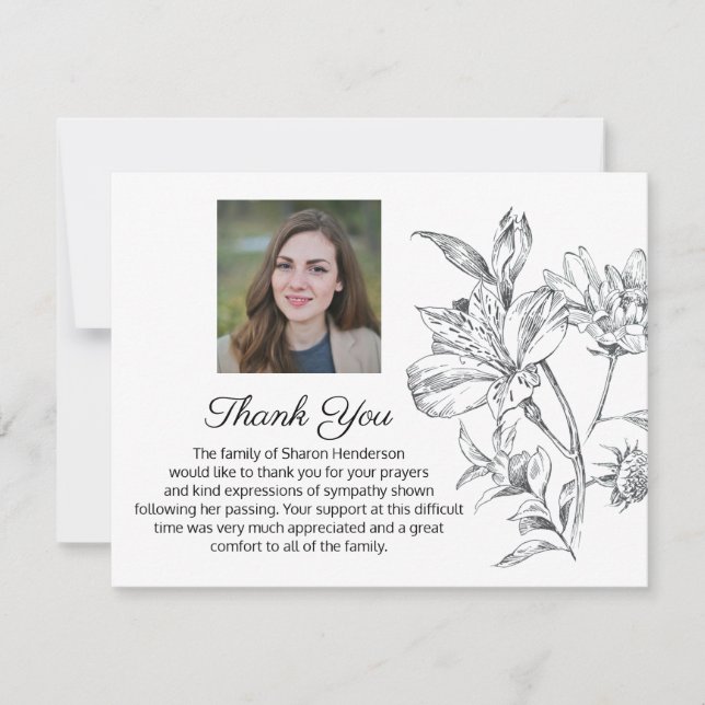Simple Floral Photo Funeral Thank You Note Card (Front)