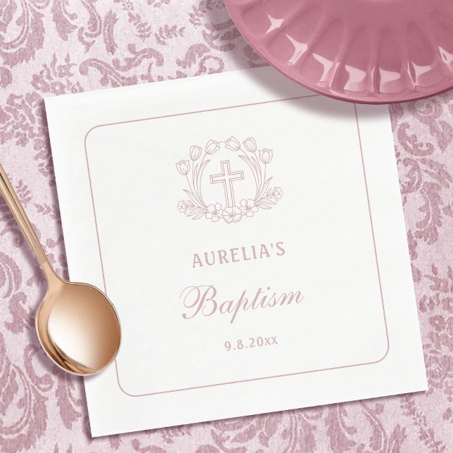 Simple Floral Pink Cross Baptism Napkin (Creator Uploaded)