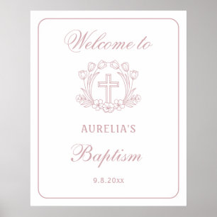 Simple Floral Pink Cross Baptism Welcome Poster