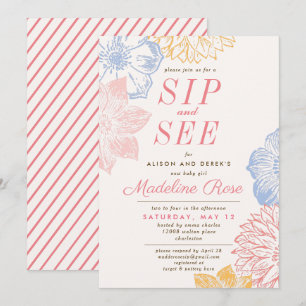 Simple Floral Pink Girl Sip and See Baby Shower Invitation