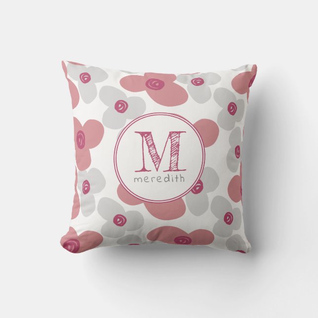 Simple Floral Pink Grey Baby Girl Cute Monogram Cushion (Front)
