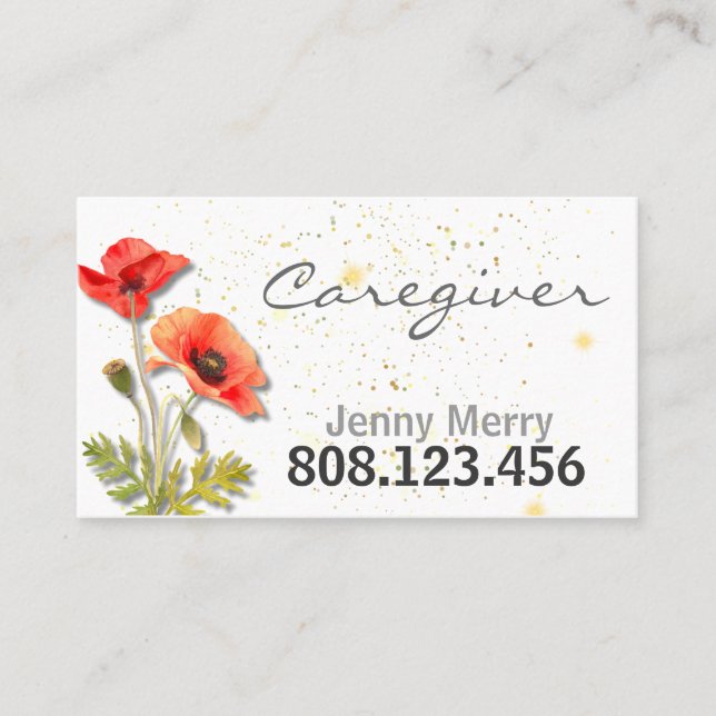 Simple Floral Poppy Caregiver Business Card (Front)