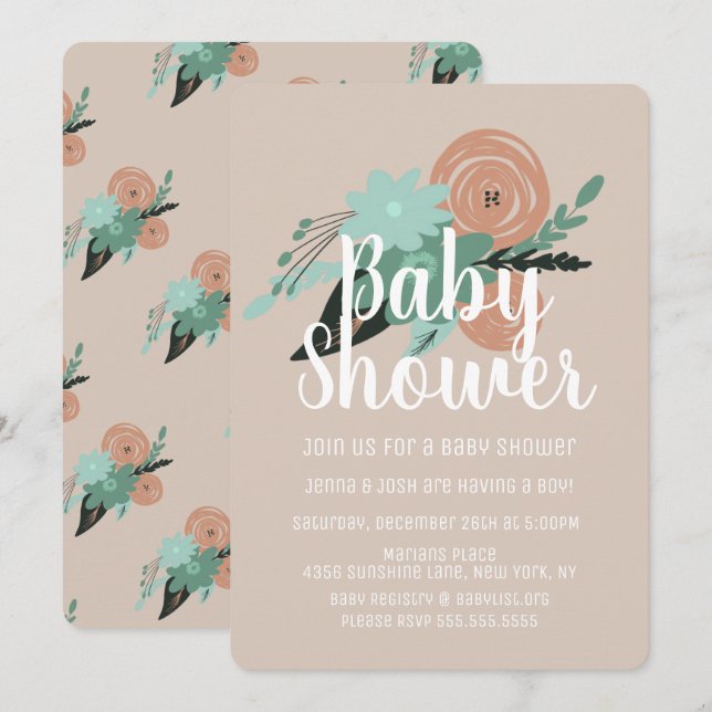 Simple Floral Poppy Peach Coral  Baby Shower Invitation (Front/Back)