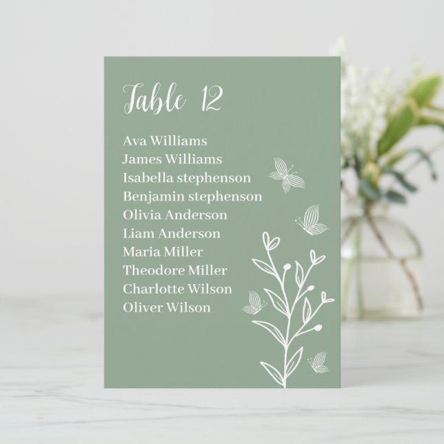 Simple floral sage green seating chart card (Standing Front)