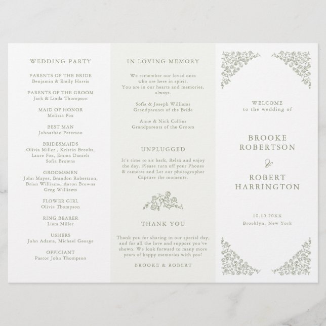 Simple Floral Sage Green Tri Fold Wedding Program (Front)