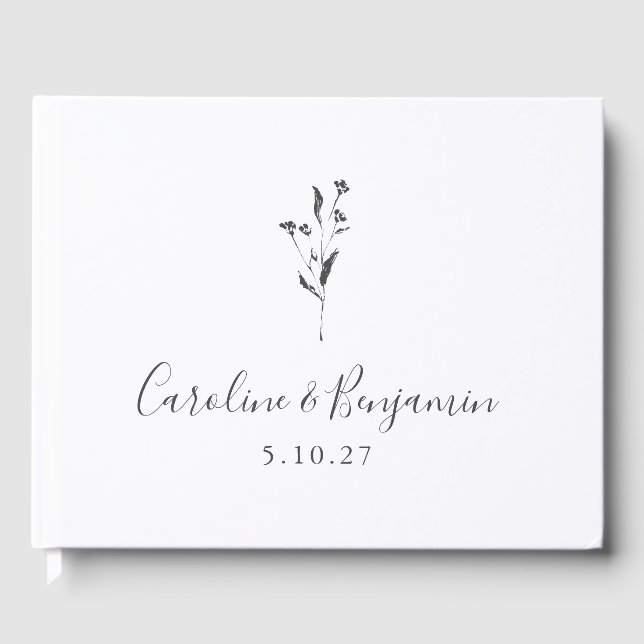 Simple Floral Script White Boho Wedding Custom Guest Book (Front)