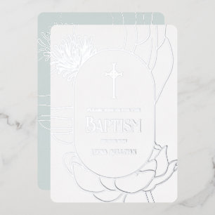 Simple Floral Silver White Aquamarine Baptism Foil