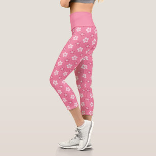 simple floral solid pink pattern retro small flow capri leggings