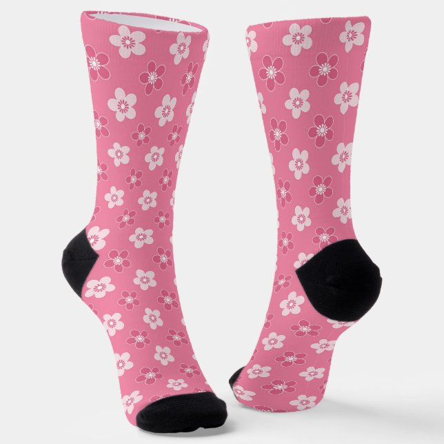  simple floral solid pink pattern retro small flow socks (Angled)