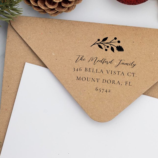 Simple Floral Sprig Elegant Script Address Rubber Stamp (Creator Uploaded)