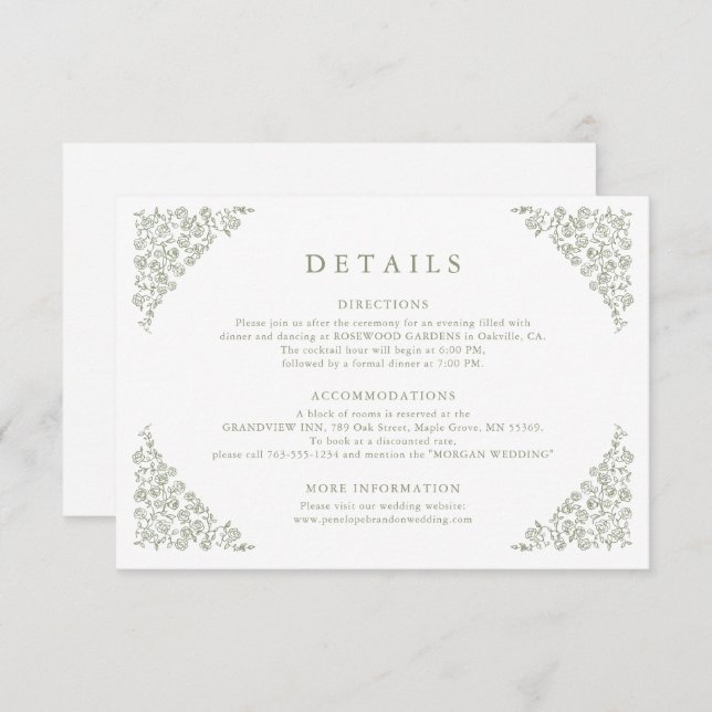 Simple Floral Timeless Sage Green Wedding Details  Enclosure Card (Front/Back)