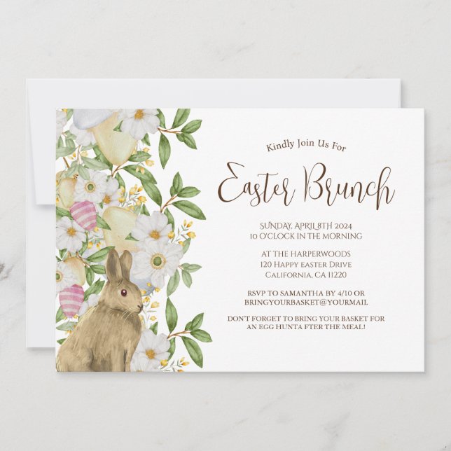 Simple floral watercolor easter brunch egg hunt invitation (Front)