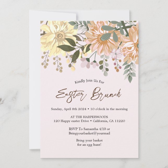 Simple floral watercolor easter brunch egg hunt invitation (Front)