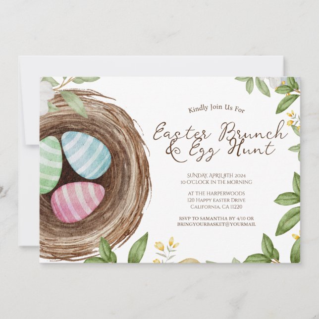 Simple floral watercolor easter brunch egg hunt invitation (Front)
