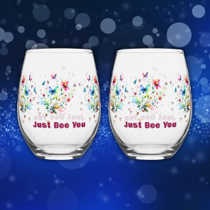 Simple Floral Watercolor Monogram Bee Stemless Wine Glass