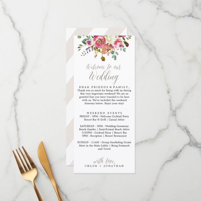 Simple Floral Watercolor Wedding Welcome Itinerary Menu (Front/Back In Situ)