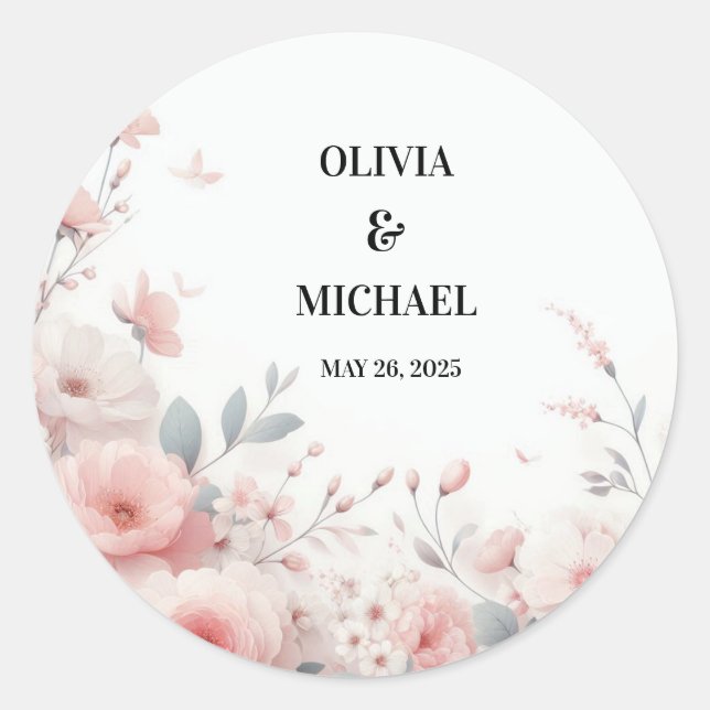 Simple Floral Wedding Classic Round Sticker (Front)