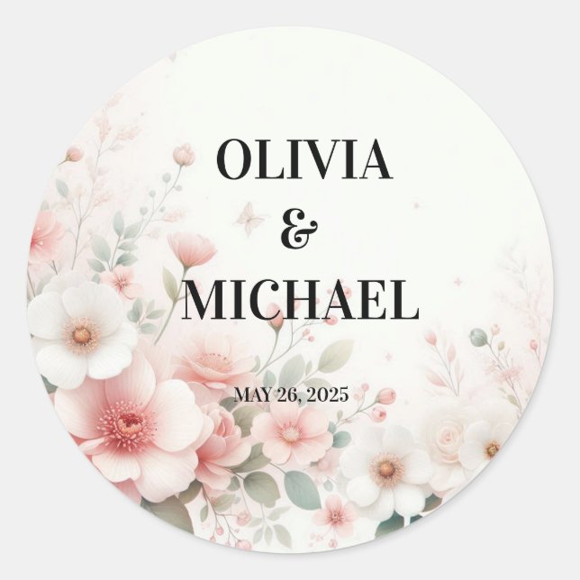 Simple Floral Wedding Classic Round Sticker (Front)