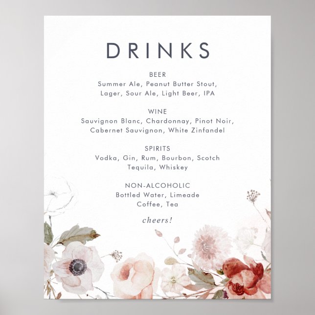 Simple Floral Wedding Drinks Menu Sign (Front)