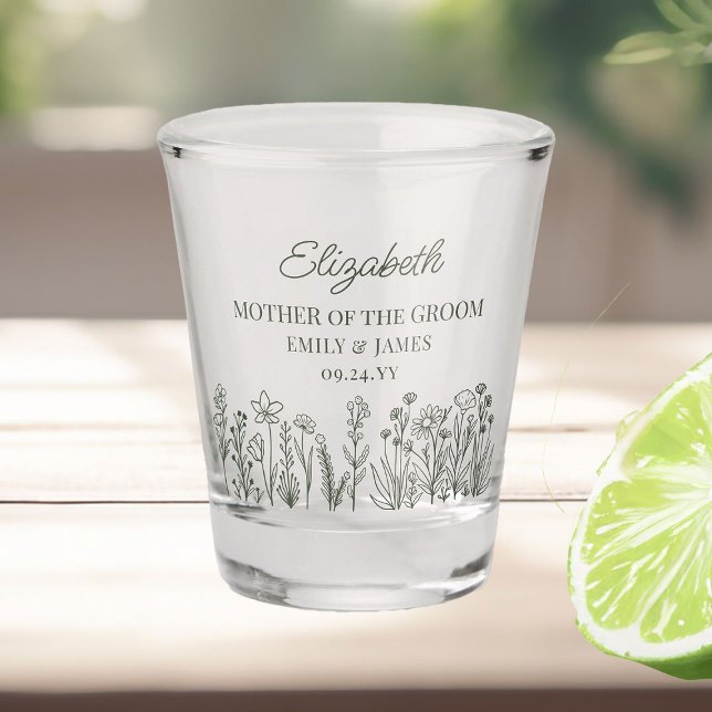 Simple Floral Wildflower Wedding Party Shot Glass (Shot glass gifts .. personalize for everyone in the wedding party and change to any color)