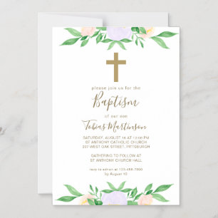 Simple Floral with Cross Baptism Magnetic Invitation