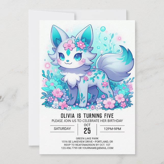 Simple Floral Wolf Digital Birthday Invitation (Front)