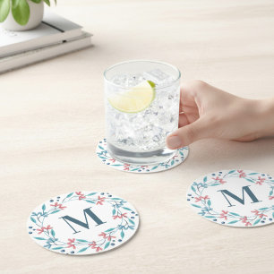 Simple Floral Wreath Monogram Round Paper Coaster