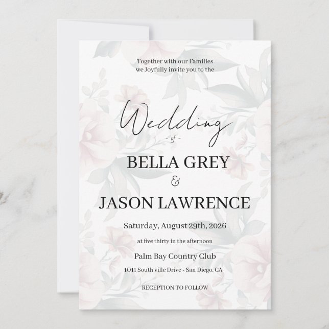 Simple flower Black & White Wedding Invitation (Front)