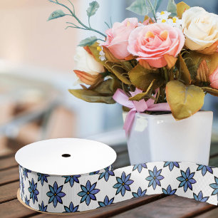 Simple Flower Blue and White Daisy Girly Floral Grosgrain Ribbon