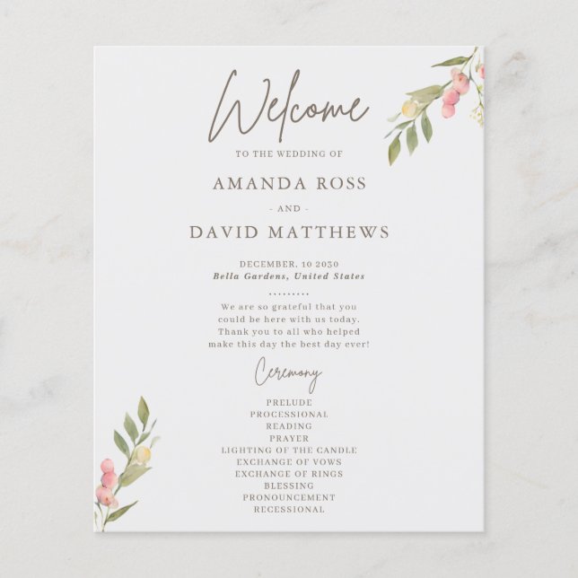 Simple Flower Elegant Wedding Programs (Front)