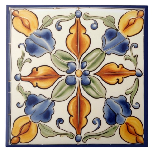 Simple Flower Mediterranean Blue Cream Floral Ceramic Tile (Front)