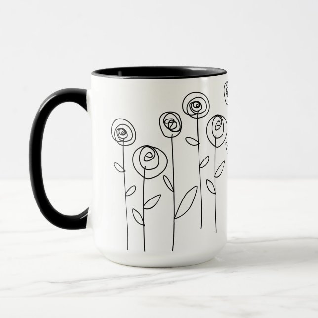 Simple Flowers Drawing Black and White Mug (Left)