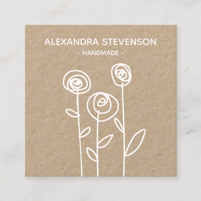 Simple Flowers Drawing Handmade Square Business Card (Front)